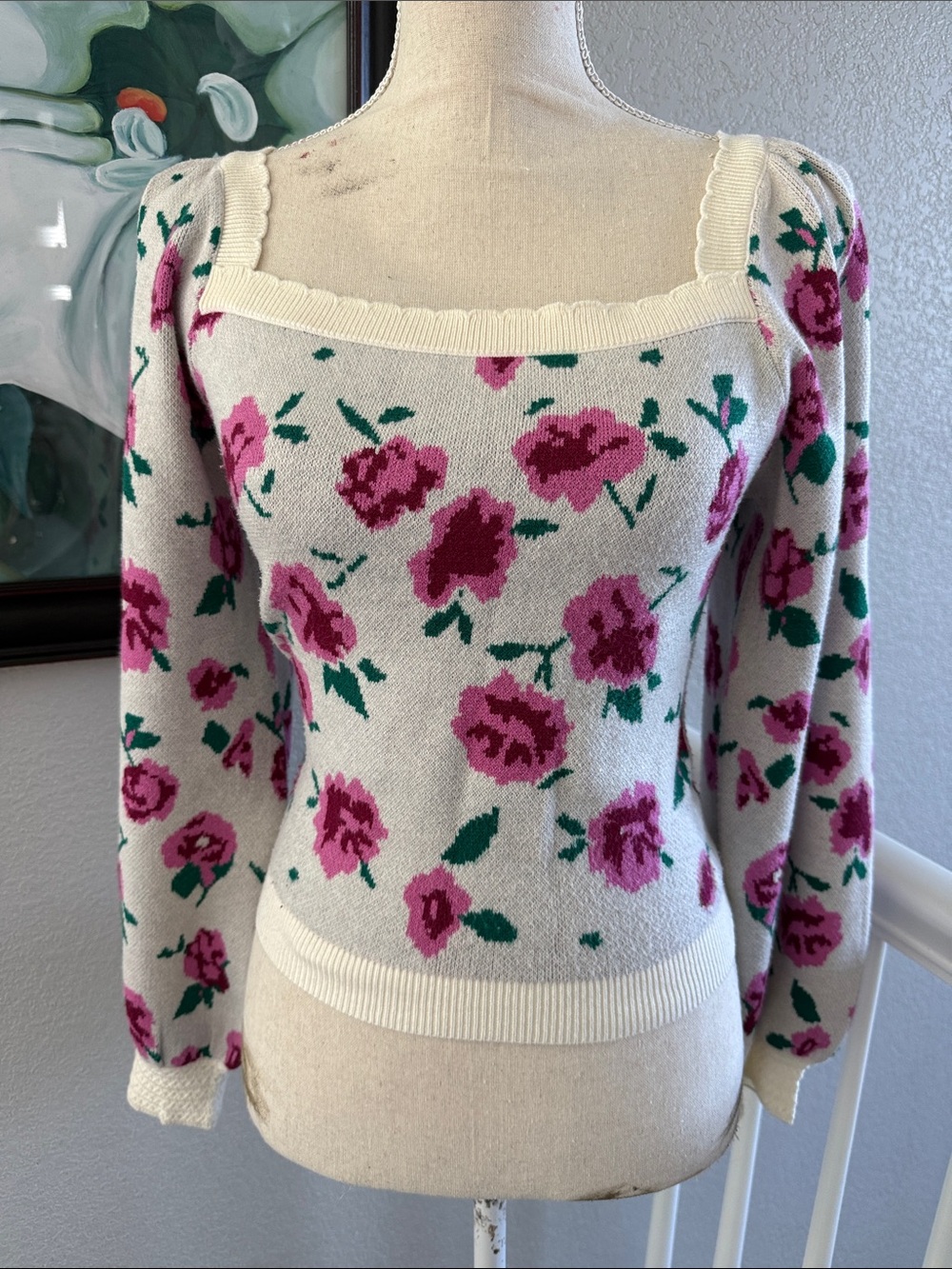 Willow & Wind Pink Rose Floral Square Neck Puff Sleeve Knit Sweater - Large